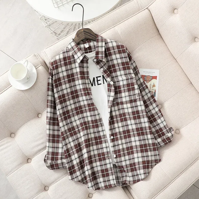Color: Khaki, Size: S - Fresh Flannel Plaid Shirt Women 2025 New Female Blouses and Tops Cotton Loose Long Sleeve Casual Shirts Fine Women's Clothes