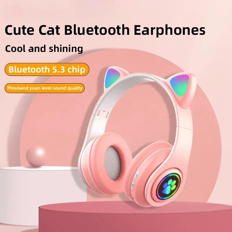 Color: Red - Cute Cat Wireless Headphones RGB Cute Cat Ears Headset With Microphone Noise Cancelling Kid Stereo Music Children's Gifts