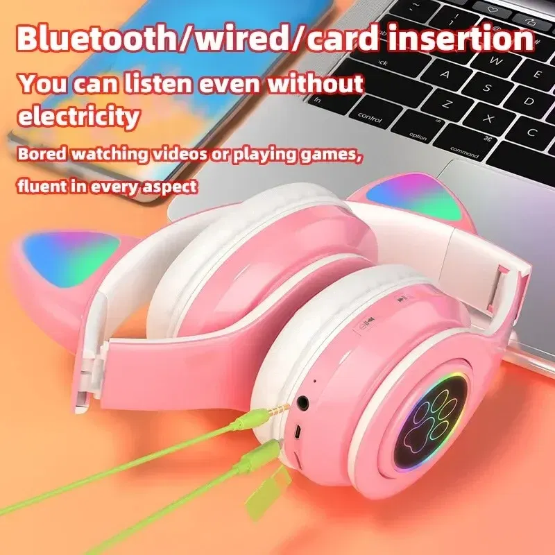 Color: Red - Cute Cat Wireless Headphones RGB Cute Cat Ears Headset With Microphone Noise Cancelling Kid Stereo Music Children's Gifts