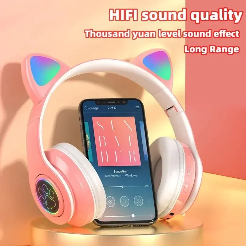 Color: Red - Cute Cat Wireless Headphones RGB Cute Cat Ears Headset With Microphone Noise Cancelling Kid Stereo Music Children's Gifts