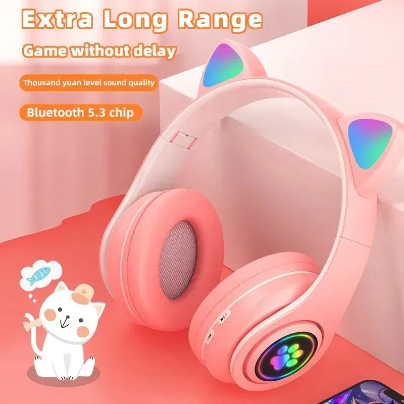 Color: Red - Cute Cat Wireless Headphones RGB Cute Cat Ears Headset With Microphone Noise Cancelling Kid Stereo Music Children's Gifts