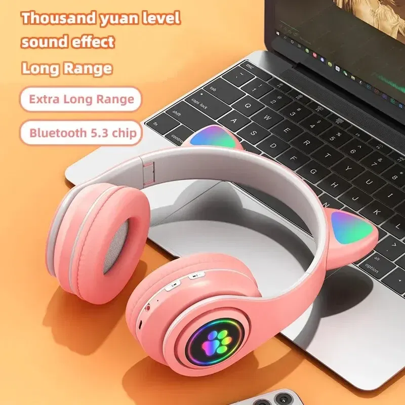 Color: Red - Cute Cat Wireless Headphones RGB Cute Cat Ears Headset With Microphone Noise Cancelling Kid Stereo Music Children's Gifts