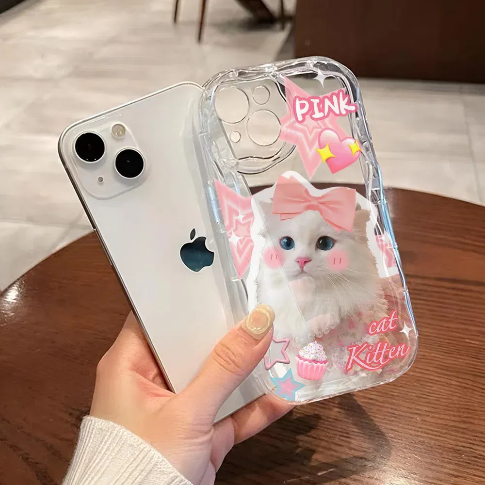 Color: Beige, Material: Other - Cute Kitten Phone Case for iPhone 15 14 13 12 11 Pro Max XR XS X 7 8 Plus Mini SE Clear Cat Mobile Case