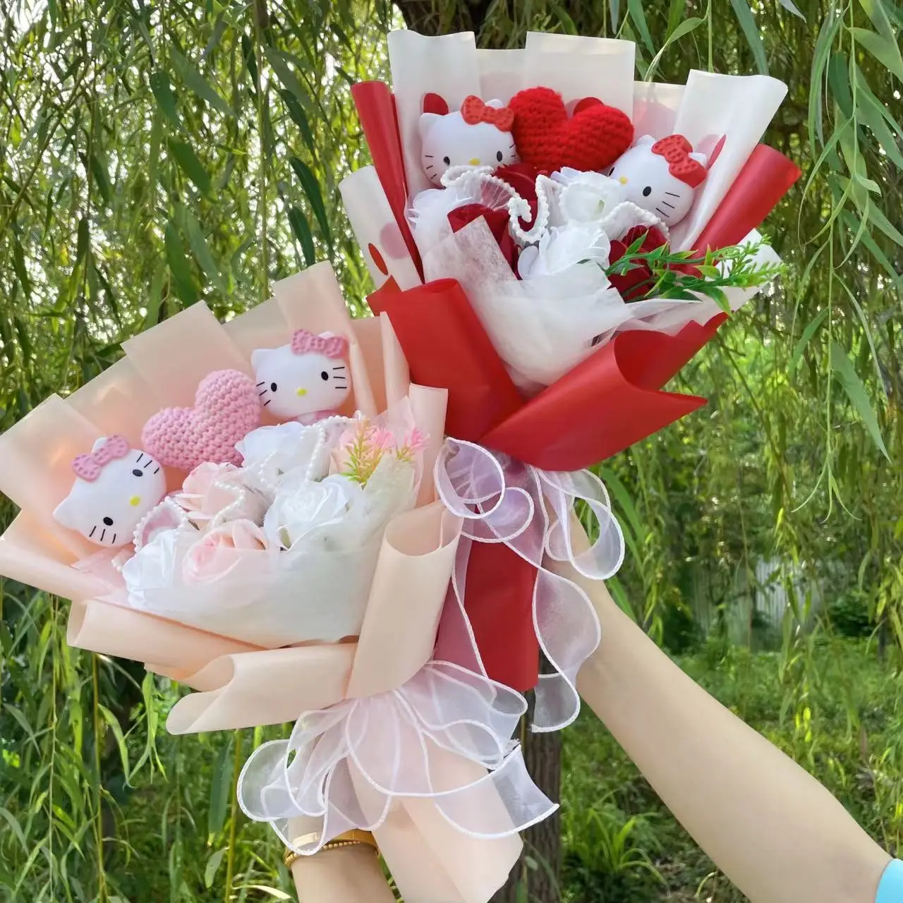 Color: army green - Kawaii Hello Kitty Cat Dolls With Artificial Flowers Creative Bouquet Christmas Valentine Birthday Graduation Gifts