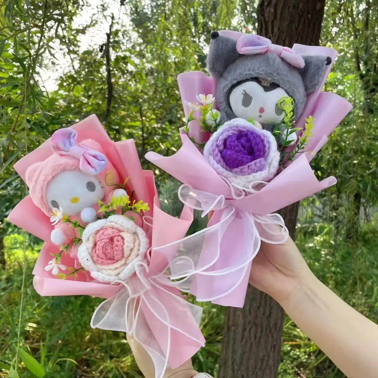 Color: army green - Kawaii Hello Kitty Cat Dolls With Artificial Flowers Creative Bouquet Christmas Valentine Birthday Graduation Gifts