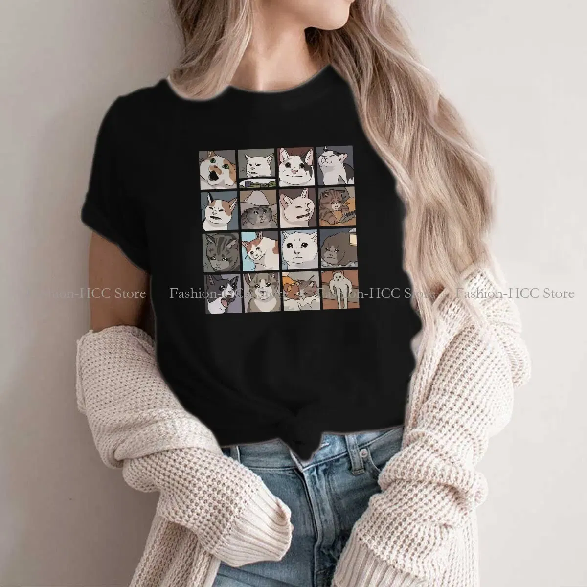Color: black, Size: XL - Meme O Neck TShirt Cat Classic T Shirt Woman's Tops New Design