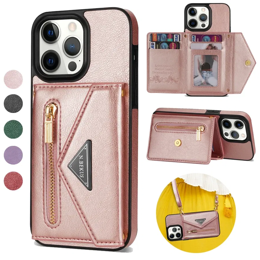 Color: black, Material: EVA - Wallet Side Card Zipper Flip Crossbody Leather Case For iPhone 15 14 Pro Max 13 Mini 12 11 SE 2022 2020 X XS XR 8 7 6 6s Plus