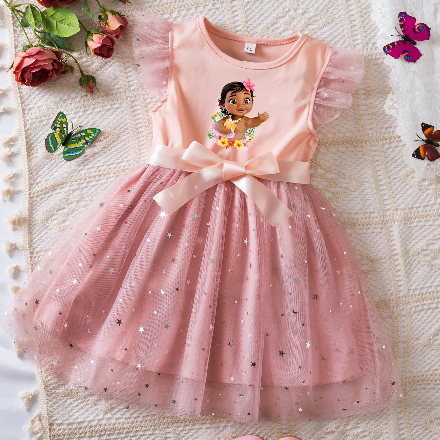 Color: Pink, Size: S - Moana Summer Toddler Girl Dress Princess Star Baby Girls Clothes Tulle Tutu Dress for Children Party Dress 2-6Y