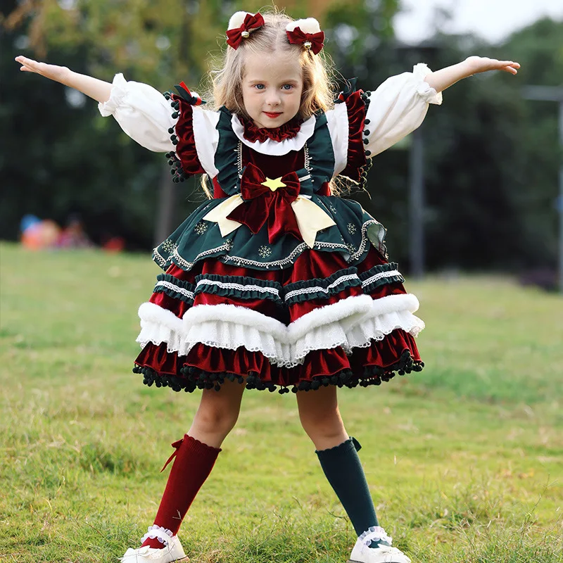 Color: Brown, Kid Size: 12M - New Autumn Winter High-End Baby Girls Velvet Lolita Princess Ball Gown Children Cute Bow Design Birthday Party Dress y1058