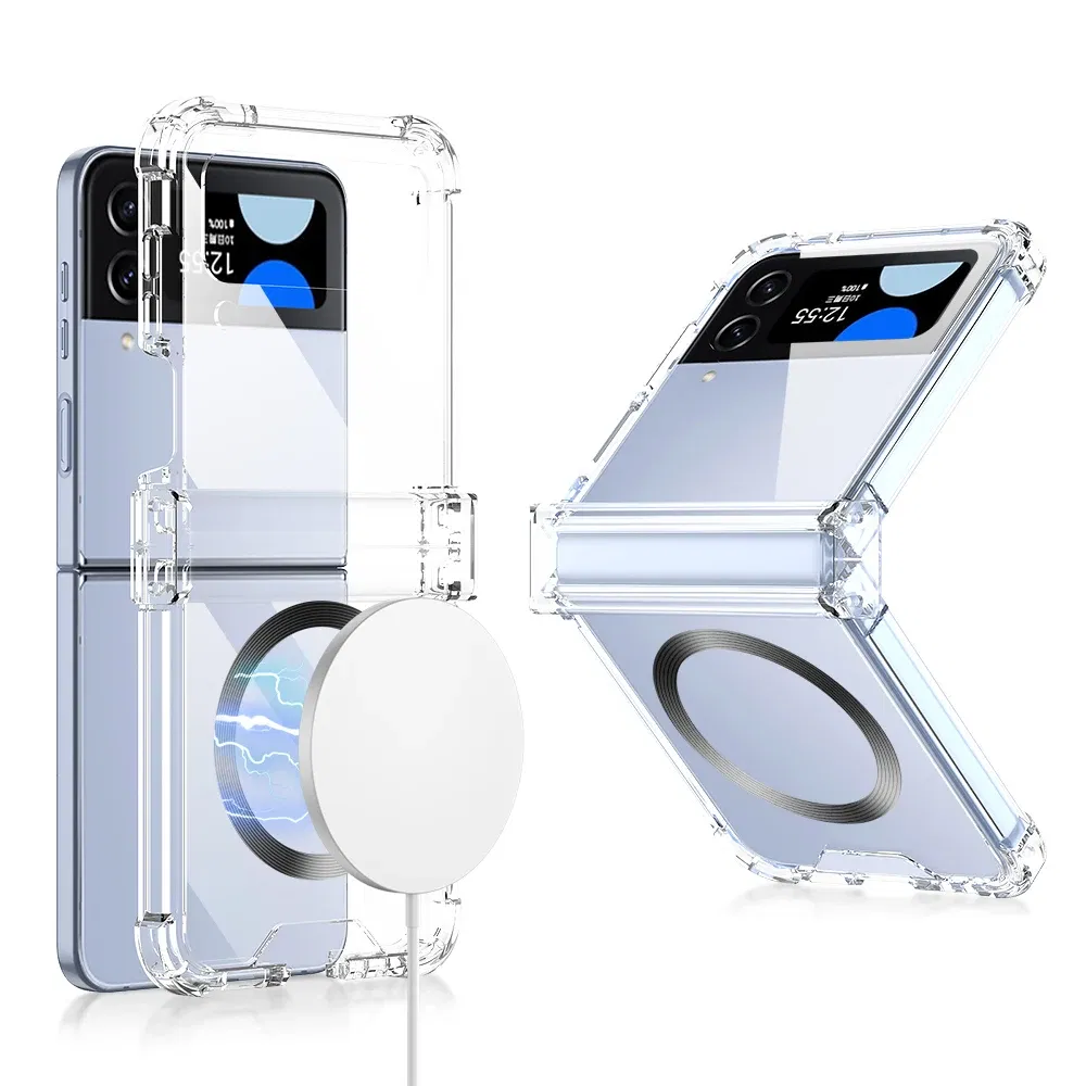 Color: black, Material: ABS - For Samsung Galaxy Z Flip 5 4 3 Magsafe Magnetic Wireless Charging Case Colorful Transparent Folding Hinge Shockproof Hard Cover