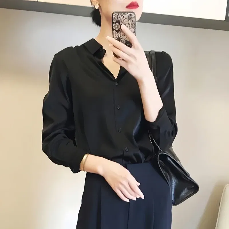 Color: black, Size: L - All-match Satin Finish Shirts And Blouses Women Clothing Casual Top OL Long Sleeve Button Elegant Shirts French Solid Blouses