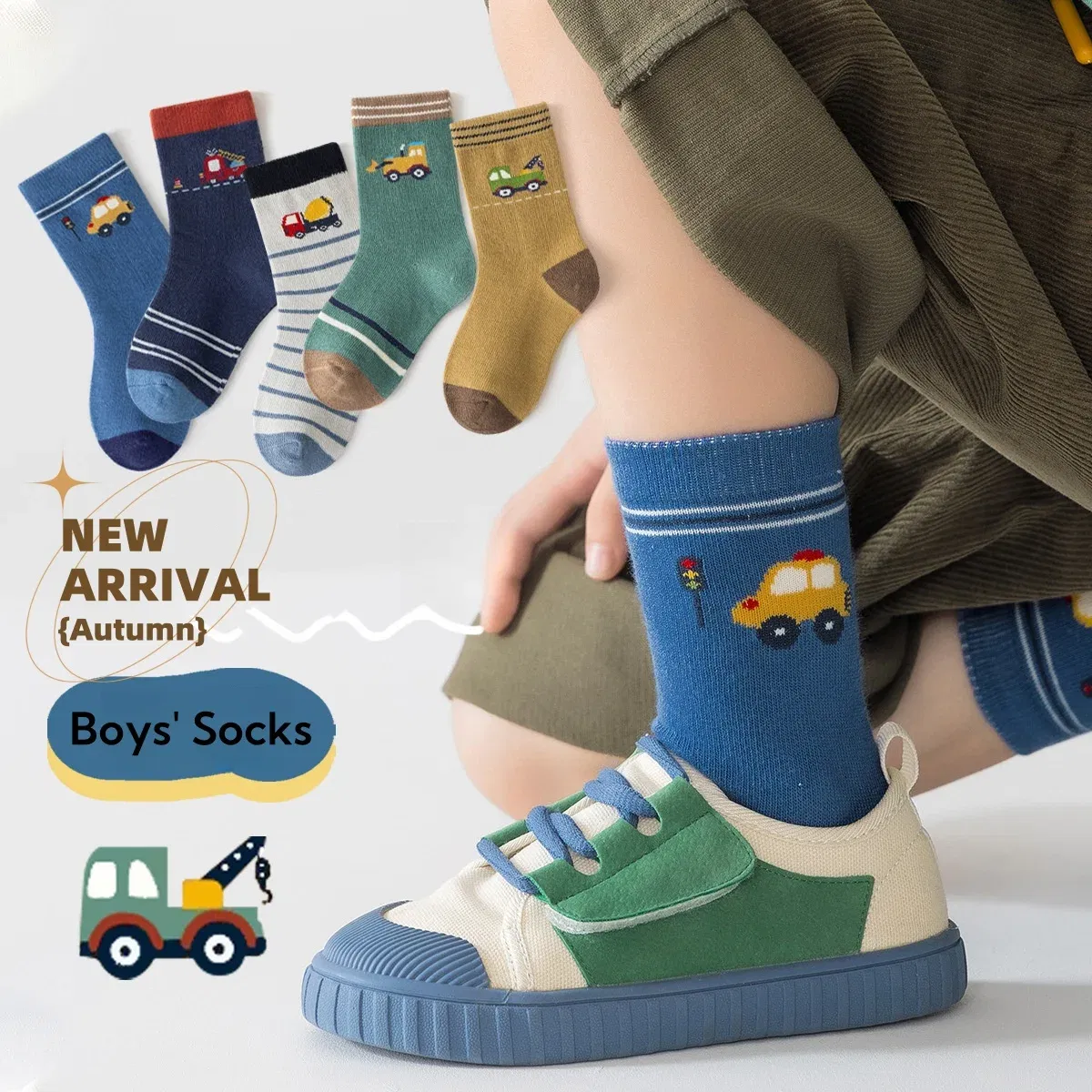 Color: Beige, Size: 10-12T - Autumn Socks Baby Socks Cute Truck Car Pattern Socks Boys Medium Socks Kids Autumn Winter Cotton Socks 5packs