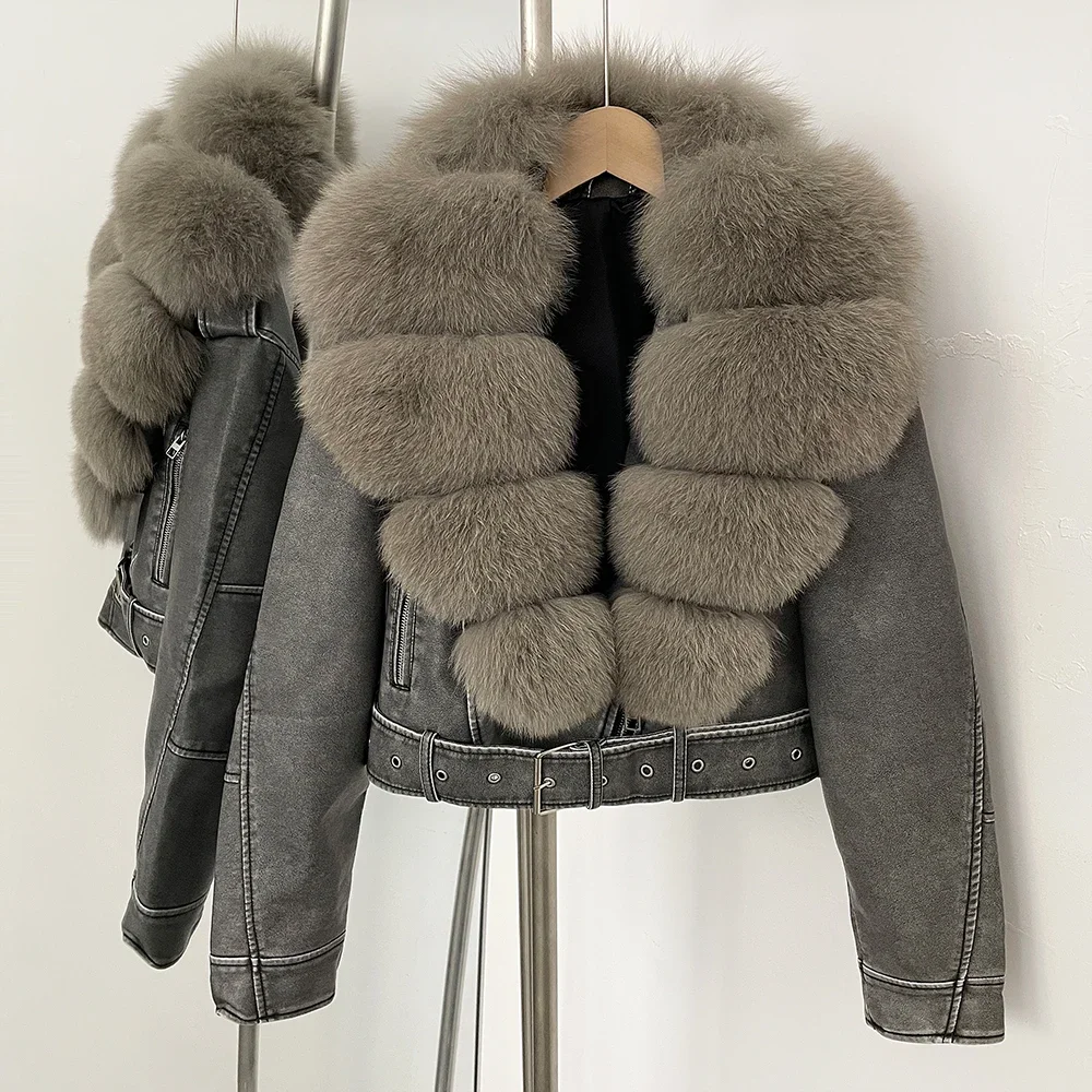 Color: Lavender, Size: M - Fake Leather Coat New Natural Fox Fur Autumn Short Faux Leather Jacket Female Spring PU Women Long Sleeve Real Fur Coat Thin