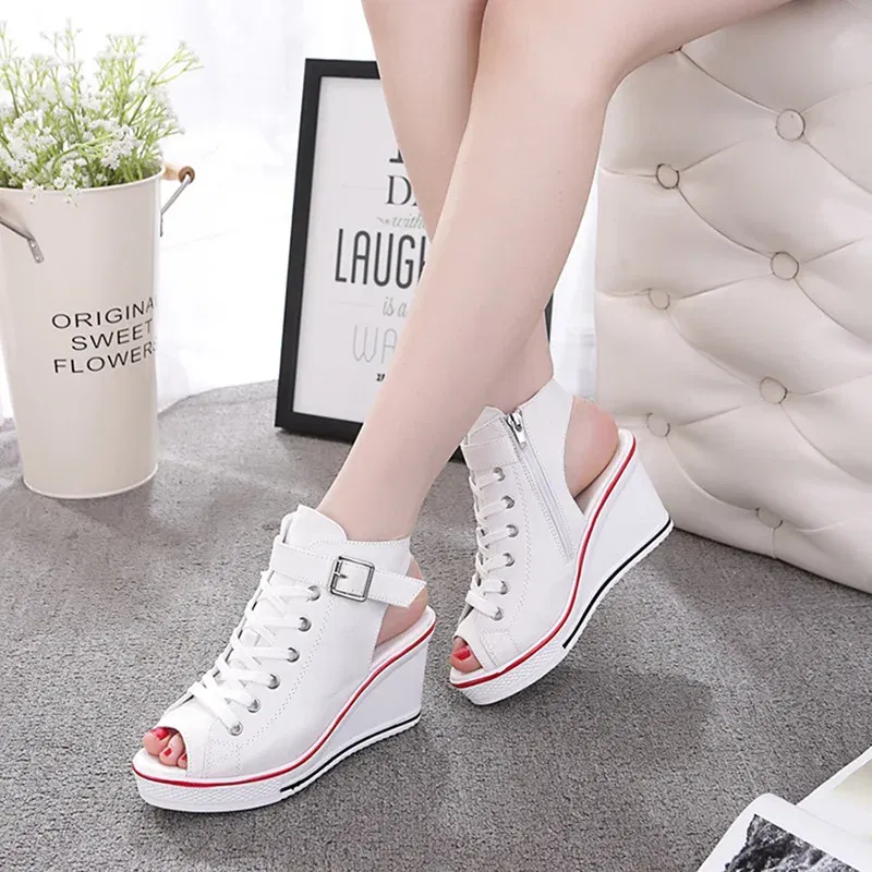 Color: Red, Shoe Size: 38 - Spring Summer Women's Height Increasing Platform Canvas Fish Mouth Shoes Open Toe Hollow Canvas Wedge Shoes Zapatos Para Mujer