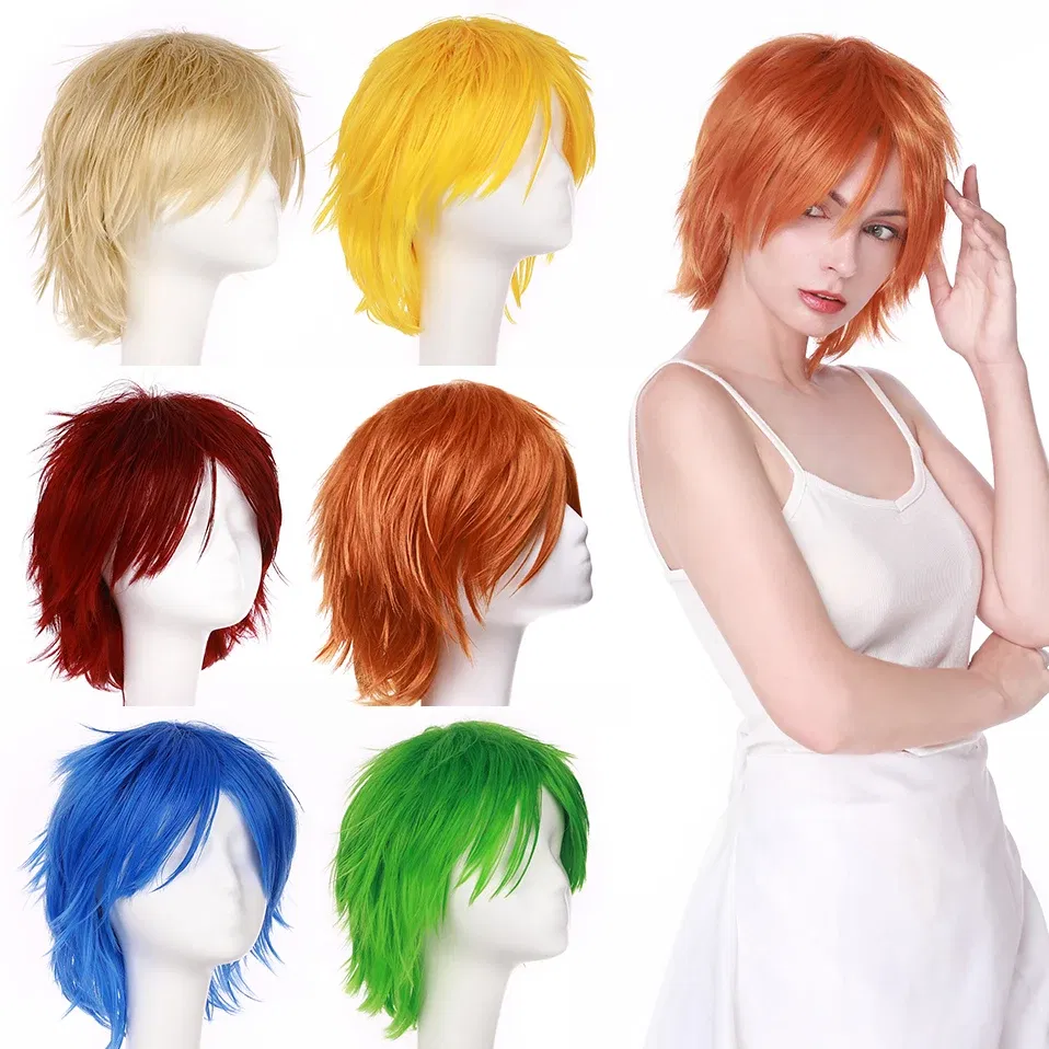 Color: Yellow, Ships From: CHINA, Stretched Length: 8inches - S-noilite Synthetic Short Wig Blue Brown Black Women Men Cosplay Costume Party Head Wigs Hair