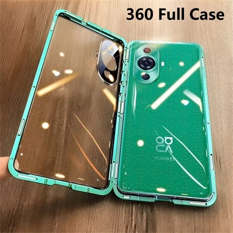 Color: Green, Material: ABS - 360 Full Case For Huawei Nova 12S Case Double Sided Magnetic Adsorption Metal Capa Tempering Glass Clear Phone Cover For Nova12S