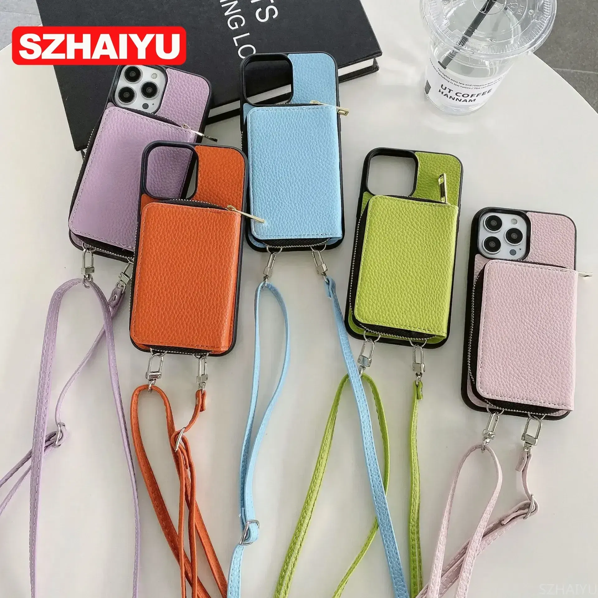 Material: PC, Color: Beige - Zipper Wallet Phone Case For iPhone 16 15 14 13 12 Mini 11 Pro XS Max X Plus Card Slot Holder Crossbody Lanyard Leather Cover