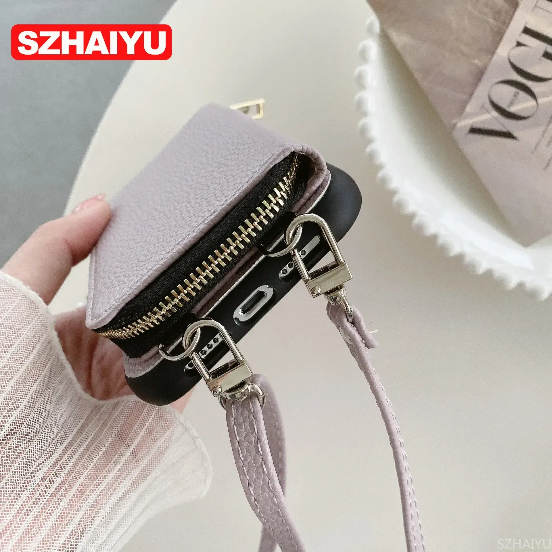 Material: PC, Color: Beige - Zipper Wallet Phone Case For iPhone 16 15 14 13 12 Mini 11 Pro XS Max X Plus Card Slot Holder Crossbody Lanyard Leather Cover