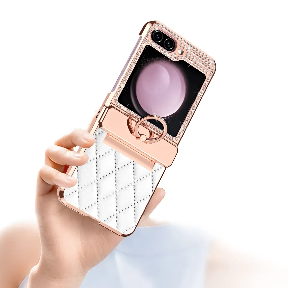 Color: Gold, Material: Aluminum - Diamonds Leather Plating Ring Holder Case For Samsung Galaxy Z Flip 5 4 3 5G Shockproof Hinge Protection Cover For Z Flip5