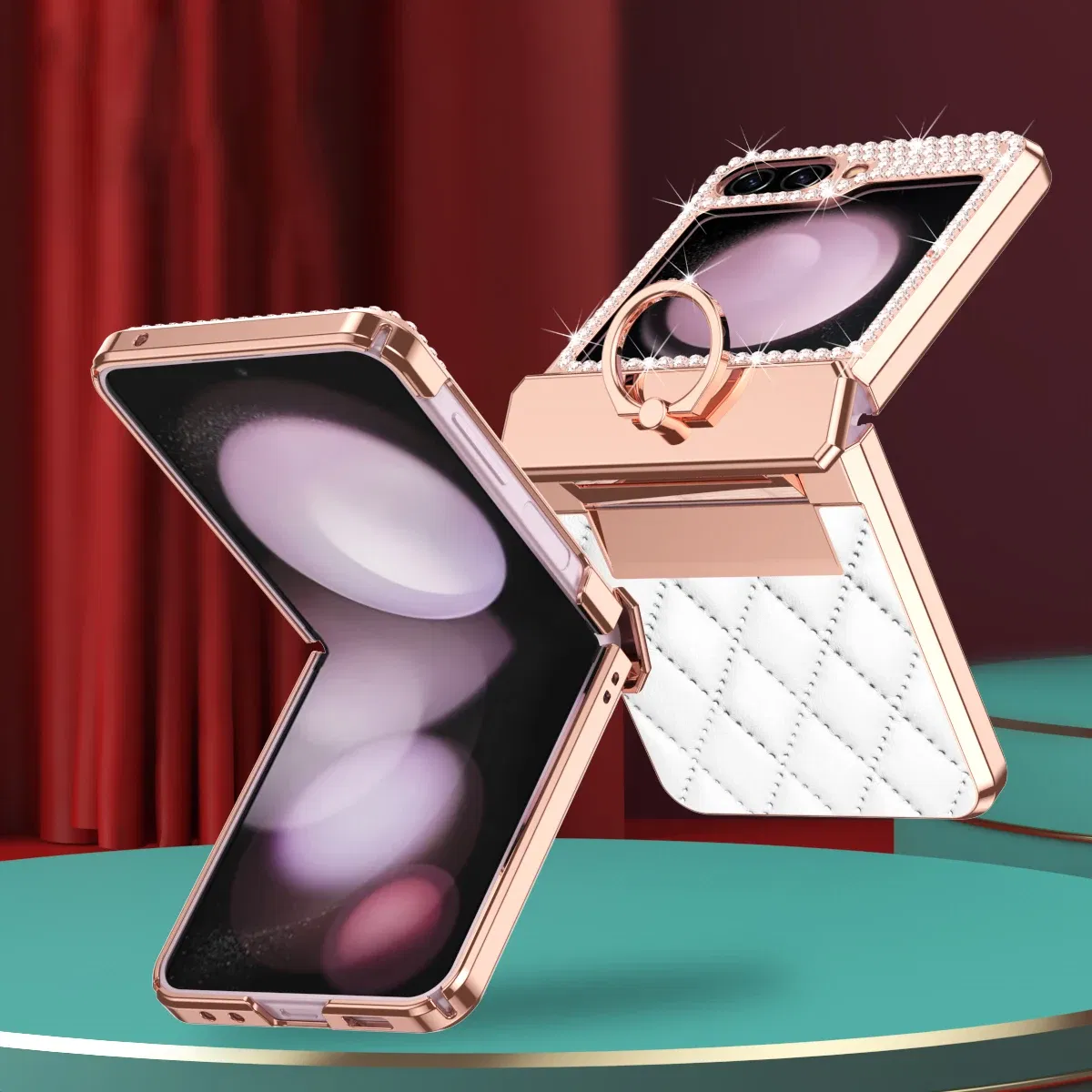 Color: Gold, Material: Aluminum - Diamonds Leather Plating Ring Holder Case For Samsung Galaxy Z Flip 5 4 3 5G Shockproof Hinge Protection Cover For Z Flip5