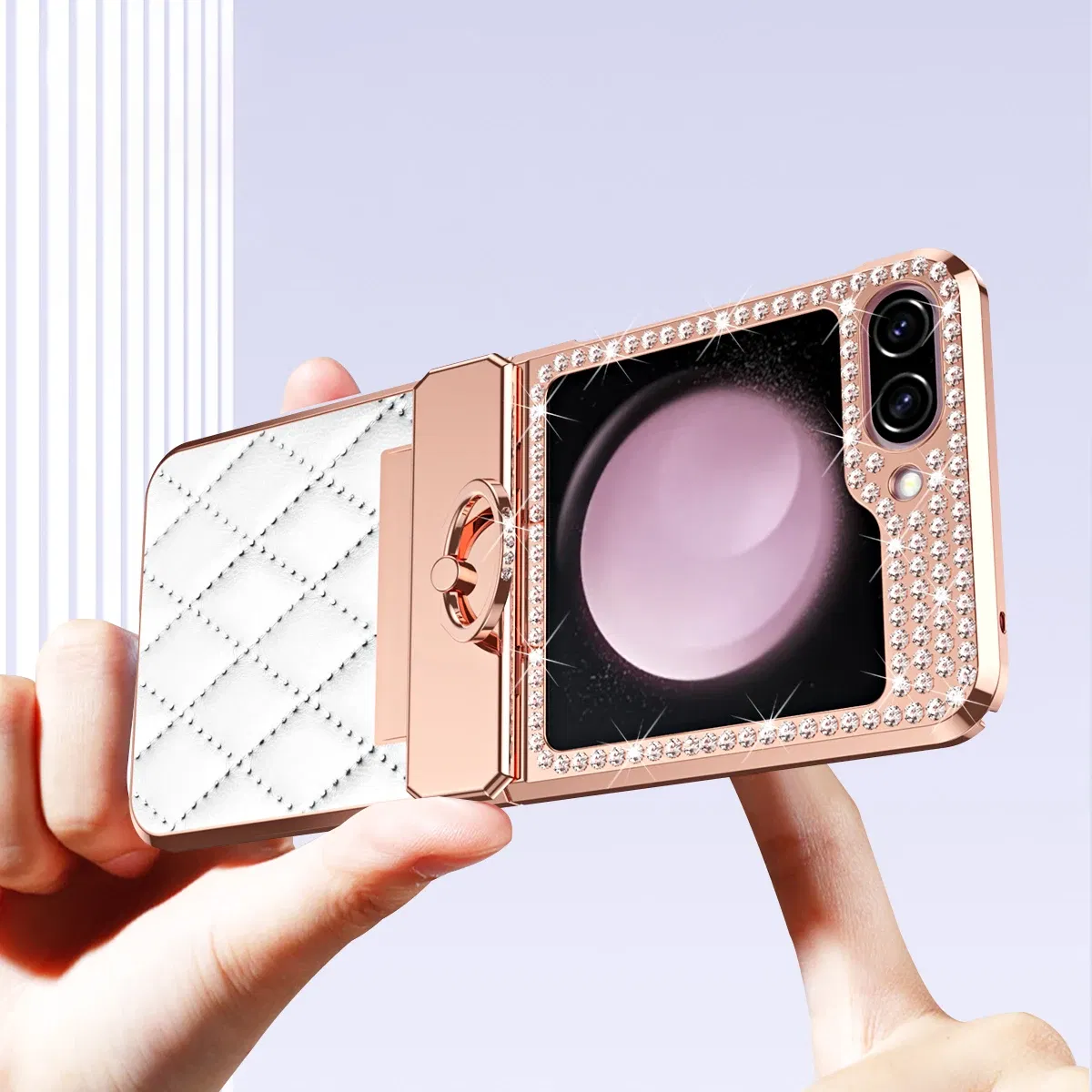 Color: Gold, Material: Aluminum - Diamonds Leather Plating Ring Holder Case For Samsung Galaxy Z Flip 5 4 3 5G Shockproof Hinge Protection Cover For Z Flip5