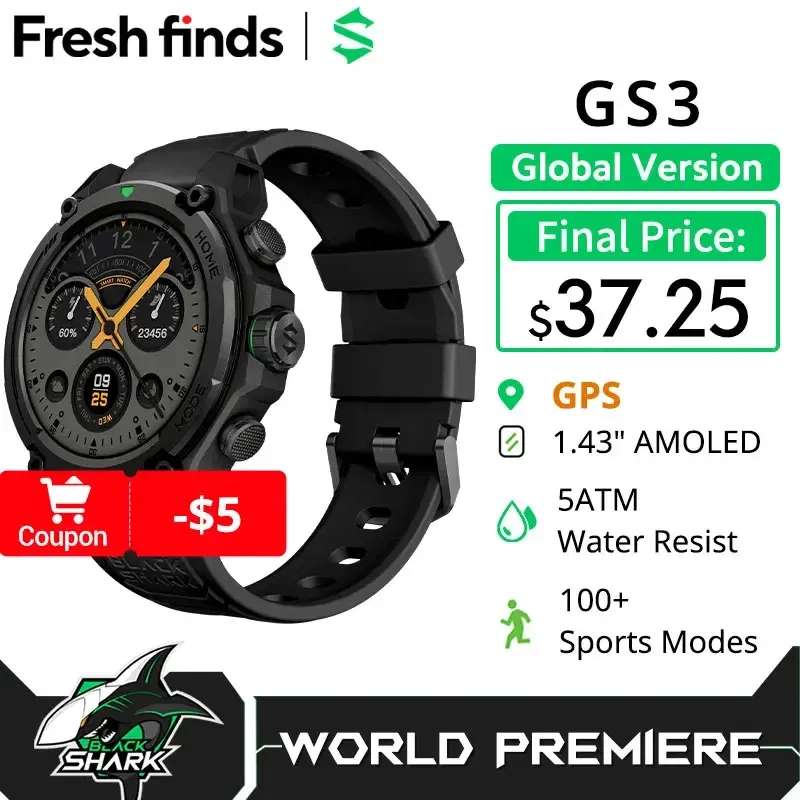 Color: Gold, Ships From: CHINA - [World Premiere]Blackshark GS3 Smart Watch Global Version 1.43"AMOLED Display GPS Satellite Positioning 21 Day Battery Life 5ATM