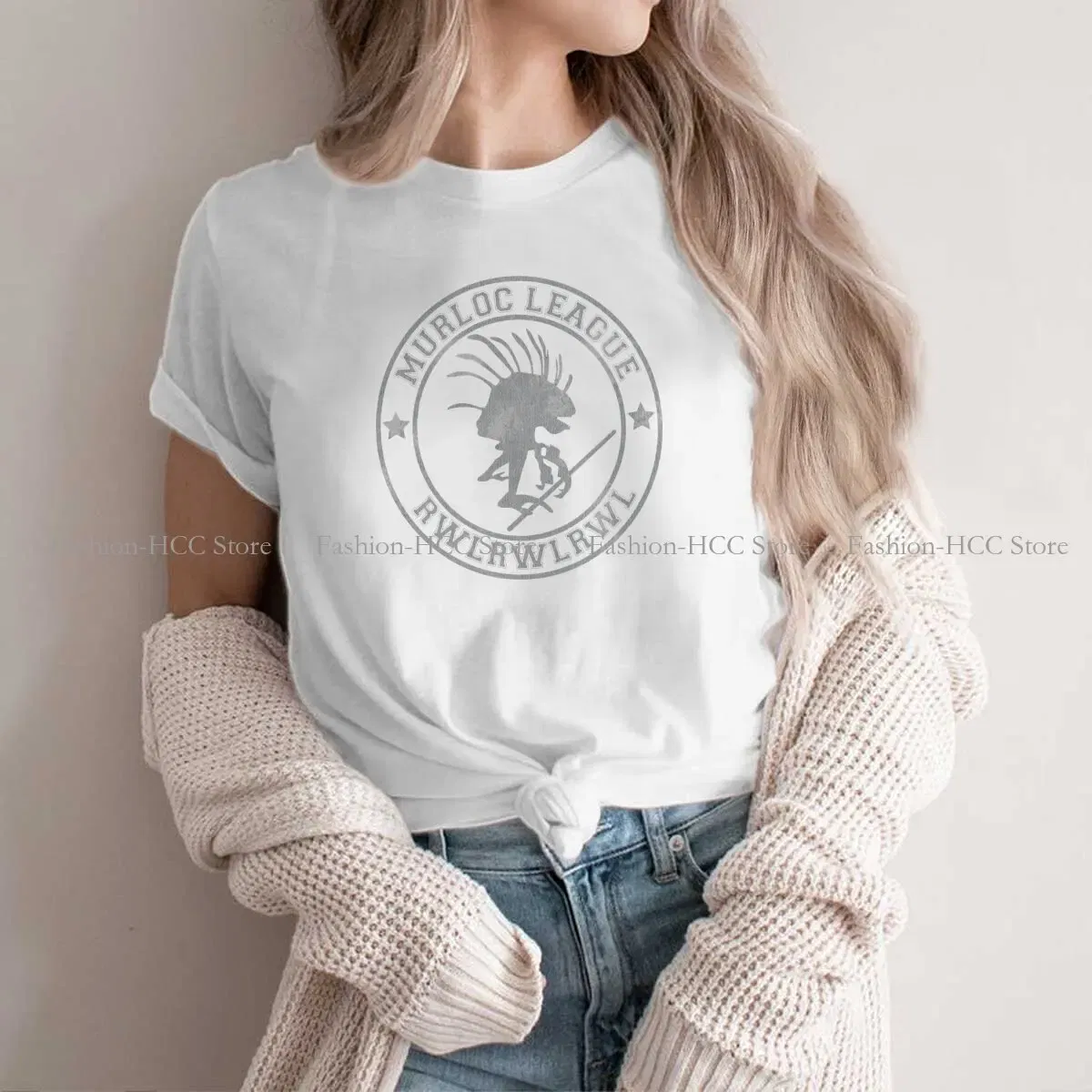 Color: WHITE, Size: L - World of Warcraft Polyester TShirts Murloc League Personalize Women's T Shirt Hipster Tops
