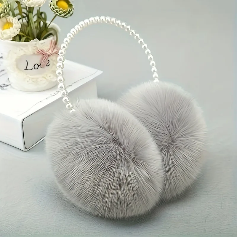Color: LIGHT GRAY - Faux Pearl Hoop Plush Headband Elegant Solid Color Fluffy Earmuffs Thick Coldproof Ear Warmer For Women Girls