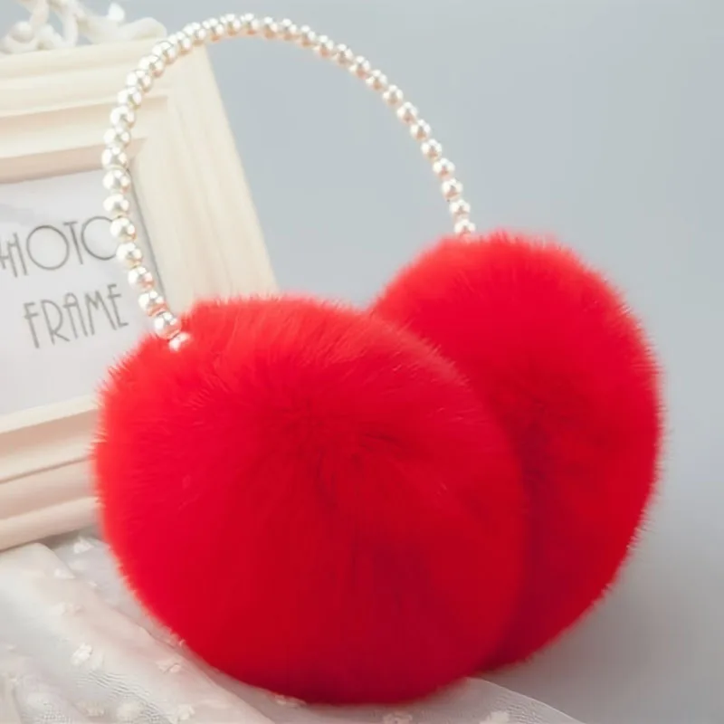Color: LIGHT GRAY - Faux Pearl Hoop Plush Headband Elegant Solid Color Fluffy Earmuffs Thick Coldproof Ear Warmer For Women Girls