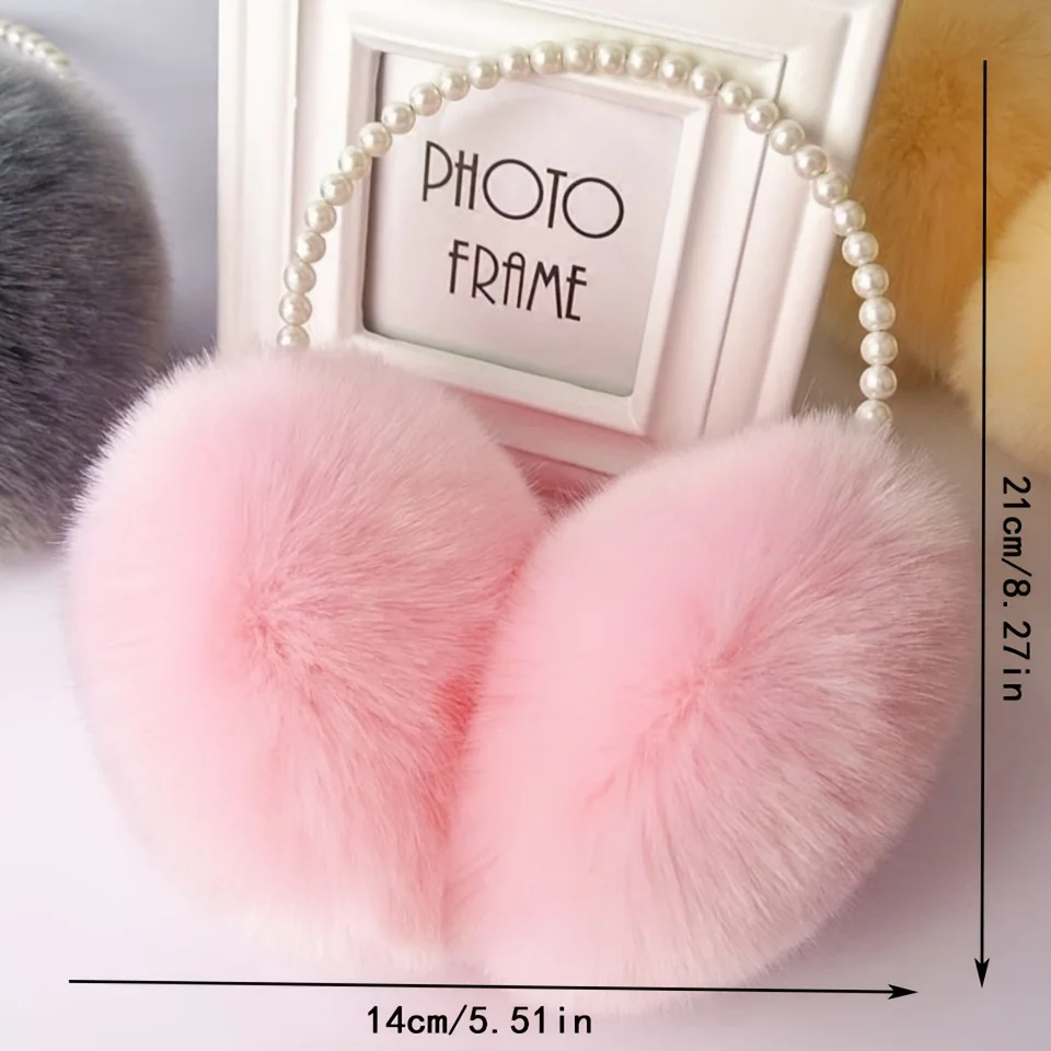 Color: LIGHT GRAY - Faux Pearl Hoop Plush Headband Elegant Solid Color Fluffy Earmuffs Thick Coldproof Ear Warmer For Women Girls