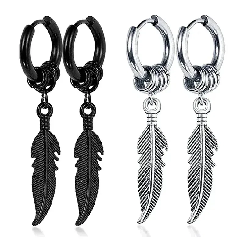 Metal Color: Blue - 2pcs Fashion Cross Feather Stud Earrings, Punk Rock Style For Women Men High Quality Stainless Steel Hiphop Ear Jewelry