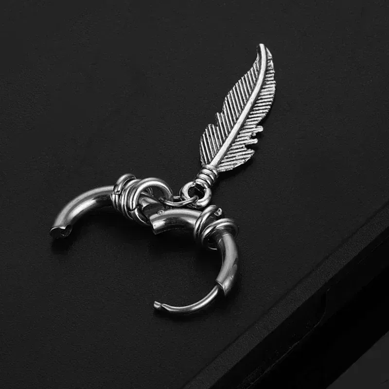 Metal Color: Blue - 2pcs Fashion Cross Feather Stud Earrings, Punk Rock Style For Women Men High Quality Stainless Steel Hiphop Ear Jewelry