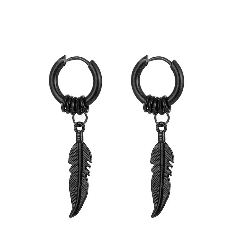 Metal Color: Blue - 2pcs Fashion Cross Feather Stud Earrings, Punk Rock Style For Women Men High Quality Stainless Steel Hiphop Ear Jewelry