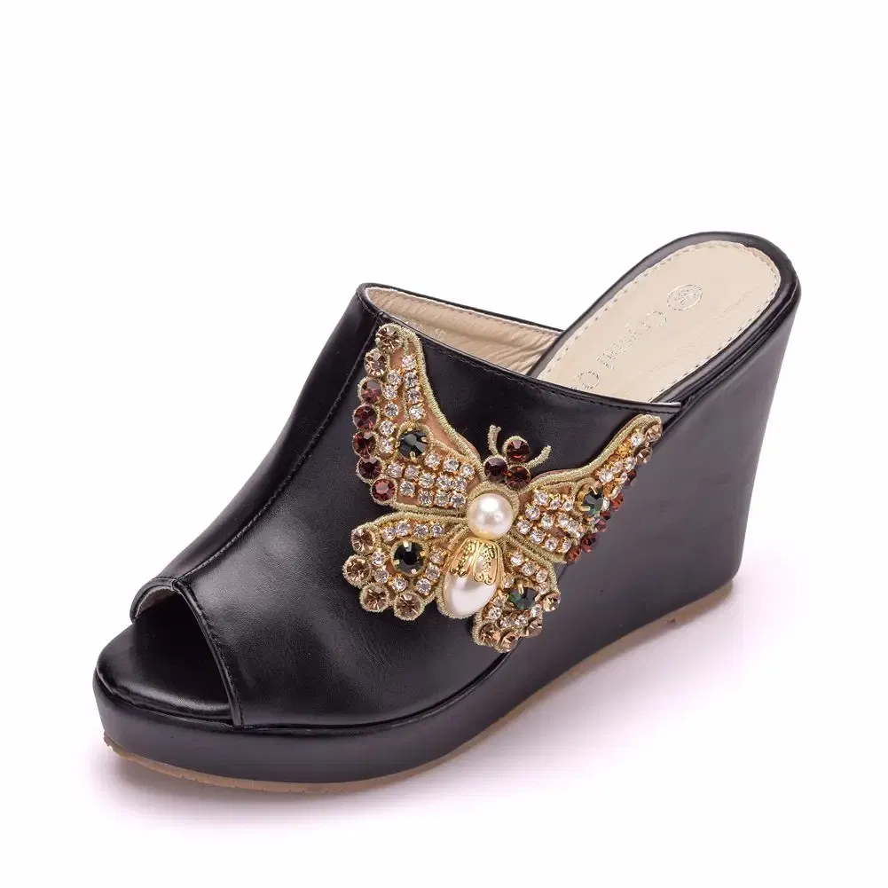 Color: WHITE, Shoe Size: 40 - Crystal Queen 10cm Peep Toe Platform Wedges Slippers High Heels Beach Sandals Women
