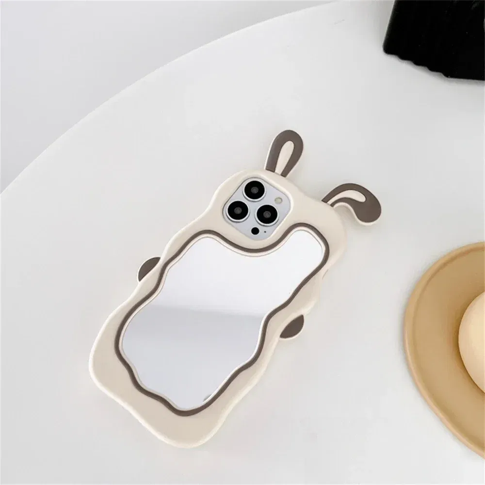 Color: Beige, Material: Wood - Cute Bunny Ears Mirror Phone Case For iPhone 15 14 Plus 13 12 11 Pro Max Shockproof Silicone Case