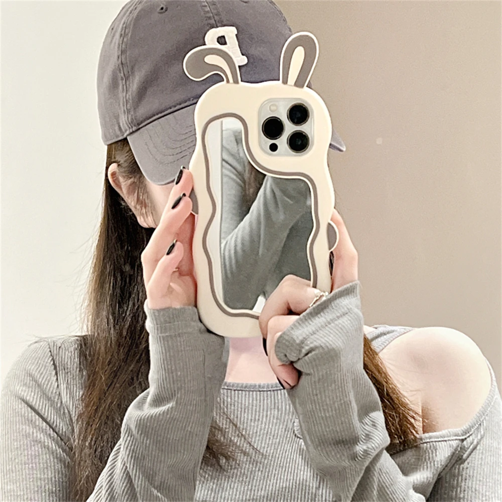 Color: Beige, Material: Wood - Cute Bunny Ears Mirror Phone Case For iPhone 15 14 Plus 13 12 11 Pro Max Shockproof Silicone Case