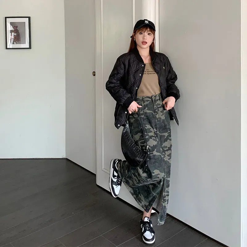 Color: Beige, Size: M - Casual Camouflage Skirt with Pockets Plus Size Women's High Waist A-Line Long Skirt