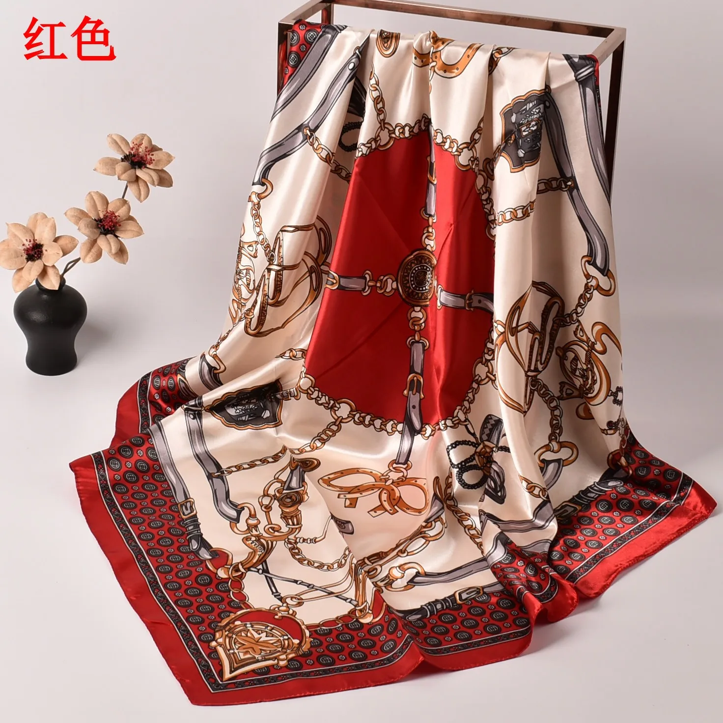 Color: Pink - New Chain Square Scarf 90*90 Silk Color Ding Da Square Scarf Yiwu Spot Wholesale