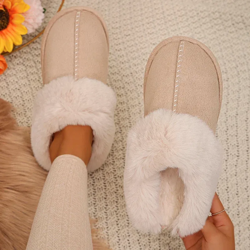 Color: Khaki, Shoe Size: 40 - Closed Toe Warm Cotton Slippers Women Faux Fur Thicken Plush Winter Home Shoes Woman Lightweight Casual Indoor Slides Female