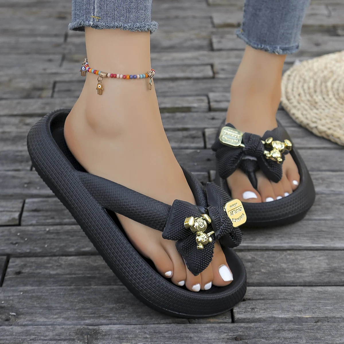 Color: Blue, Shoe Size: 38-39 - Summer Multi Color Women's Flip Flops Fashionable Metallic Teddy Bear Bow Slide Sandal Beach Vacation Home Versatile  Footwear