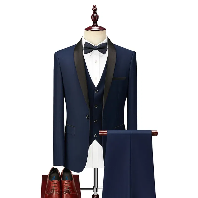 Color: Blue, Size: XXXL - Shenrun Men Tuxedo Slim Fit Fashion Suit Wedding Shawl Lapel 3 Pieces Skinny Single Breasted Jacket Party Prom Singer Costume