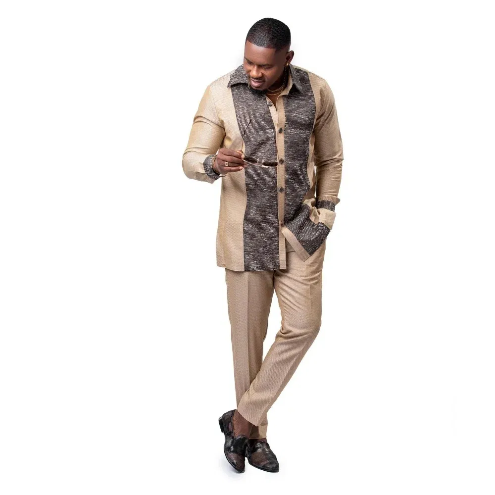 Color: army green, Size: XL - 2025 new traditional men's suit luxury gentleman's shirt suit casual travel banquet men's two-piece set fashionable men's suit