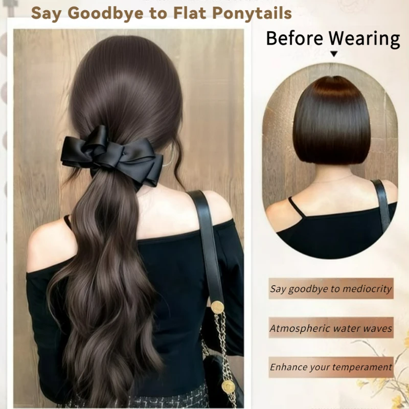 Color: #33, Stretched Length: 18inches - Elegant Synthetic Silk Bowknot Banana Claw Clip Ponytail Wig With Grab Clip Long Wavy Layered Ponytail for Women Daily Use