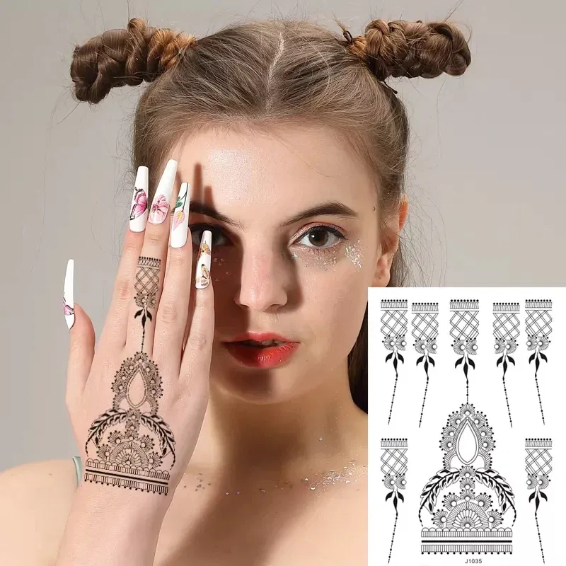 Color: CHERRY, Ships From: CHINA - Black Henna Temporary Tattoos for Women Lace Flower Mehndi Sticker for Hand Fake Henna Tattoo Sticker Body Art Hena Tatoo