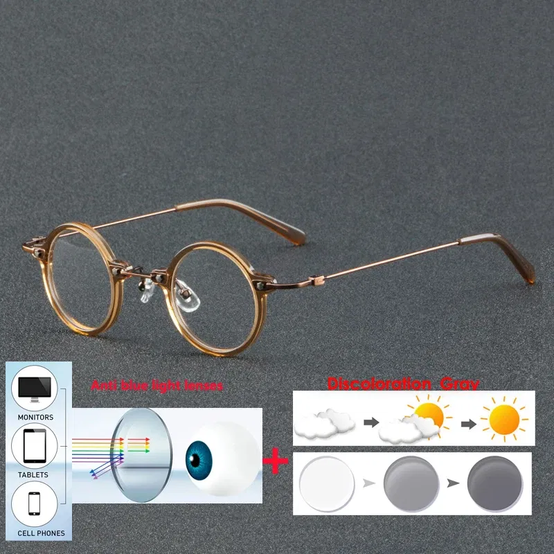 Frame Color: Khaki, Eye Prescription: +550 - VCKA Anti-blue Discolor Acetate+Titanium Myopia Glasses Frames Small Round Men Prescription Optical Women Eyewear -0.50 to -10.0