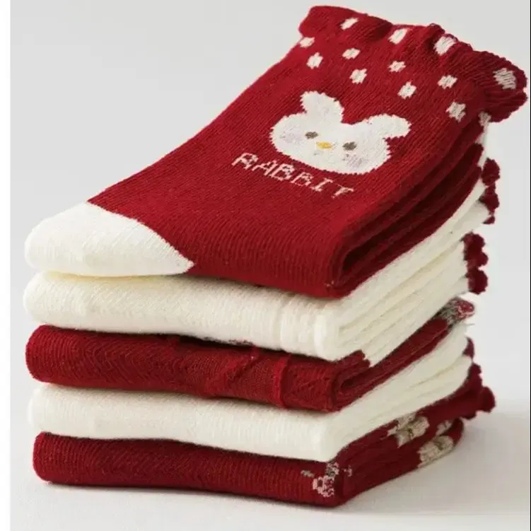 Color: SKY BLUE, Size: 7-9T - Kids Autumn Socks Cute Red Floral Pattern Sock Girls New Year Calf Socks Children's Socks 5 Pairs Cotton Socks