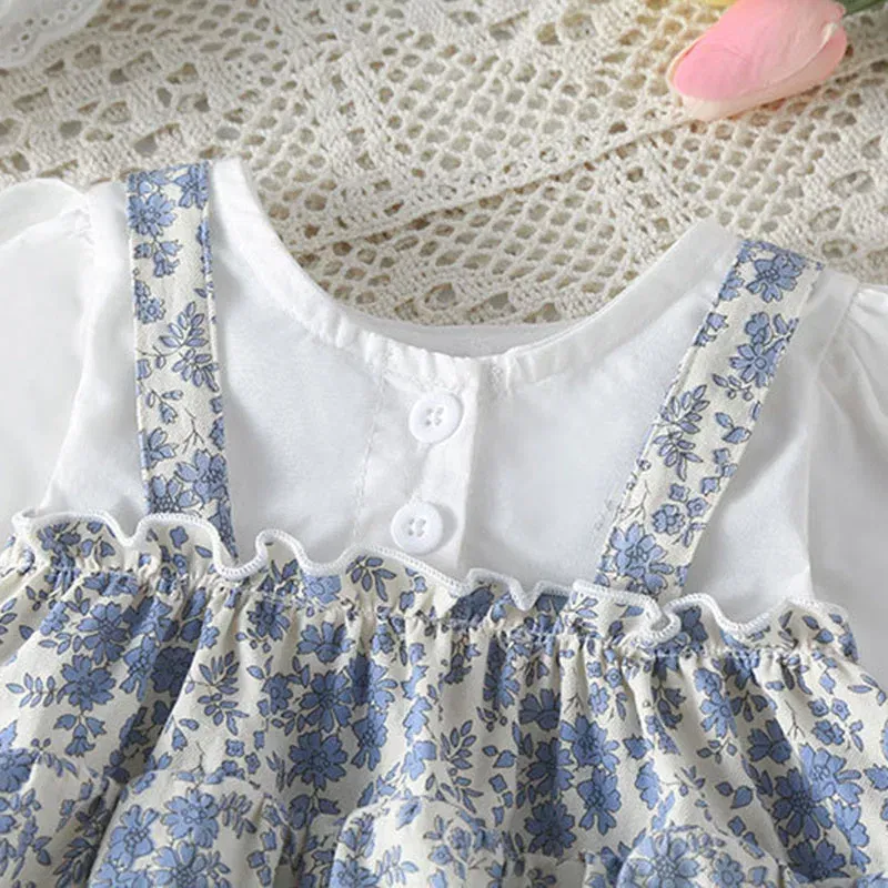 Color: Blue, Kid Size: 24M - Newborn Baby Girls Bodysuits+Hat Printing Stitching Cotton Long Sleeve Infant Baby Girls Jumpsuit Autumn Spring Baby Clothing