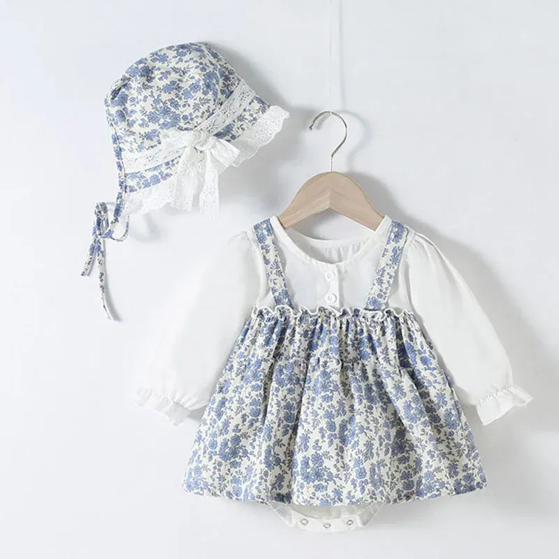 Color: Blue, Kid Size: 24M - Newborn Baby Girls Bodysuits+Hat Printing Stitching Cotton Long Sleeve Infant Baby Girls Jumpsuit Autumn Spring Baby Clothing