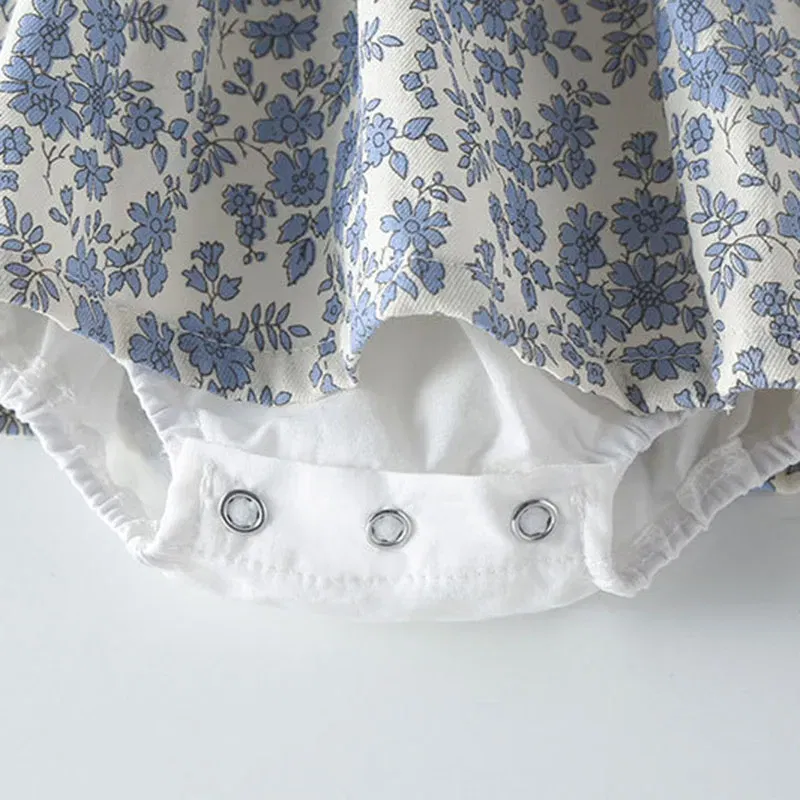Color: Blue, Kid Size: 24M - Newborn Baby Girls Bodysuits+Hat Printing Stitching Cotton Long Sleeve Infant Baby Girls Jumpsuit Autumn Spring Baby Clothing