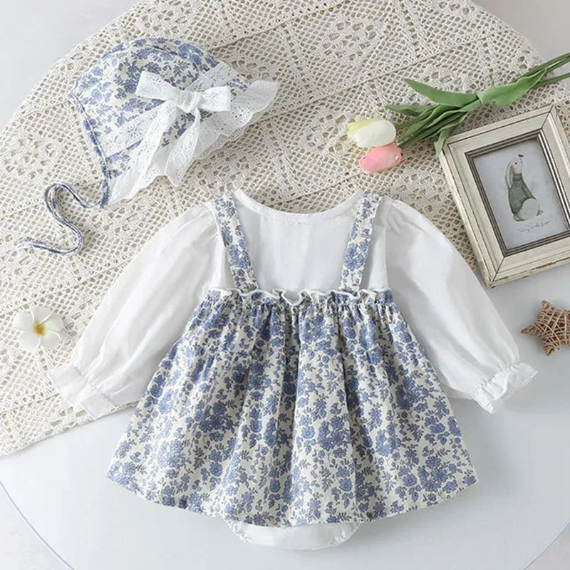 Color: Blue, Kid Size: 24M - Newborn Baby Girls Bodysuits+Hat Printing Stitching Cotton Long Sleeve Infant Baby Girls Jumpsuit Autumn Spring Baby Clothing